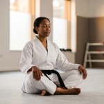 Martial artist seated in calm breathing practice