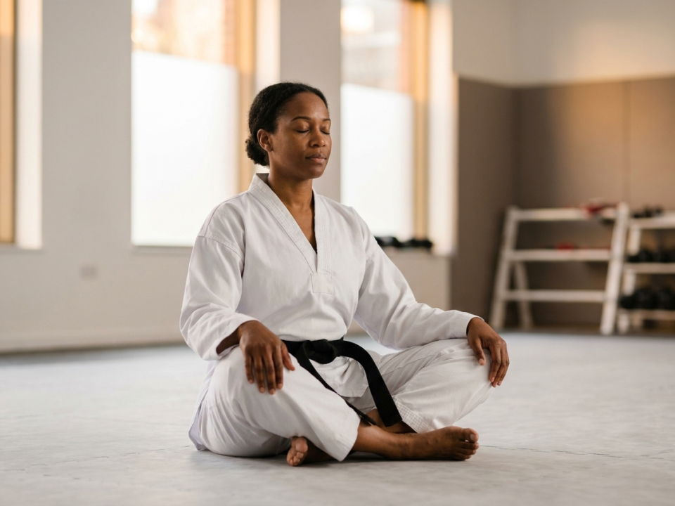Martial artist seated in calm breathing practice