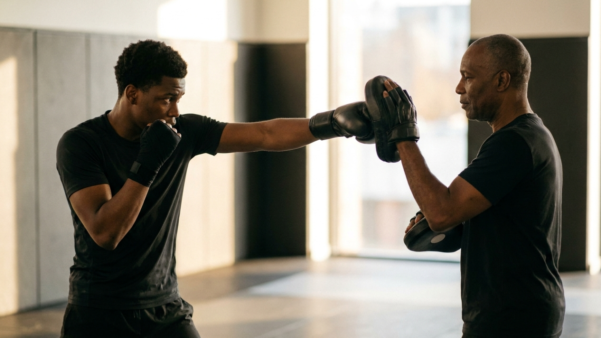 Boxer throwing a controlled punch into focus mitts