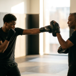 Boxer throwing a controlled punch into focus mitts