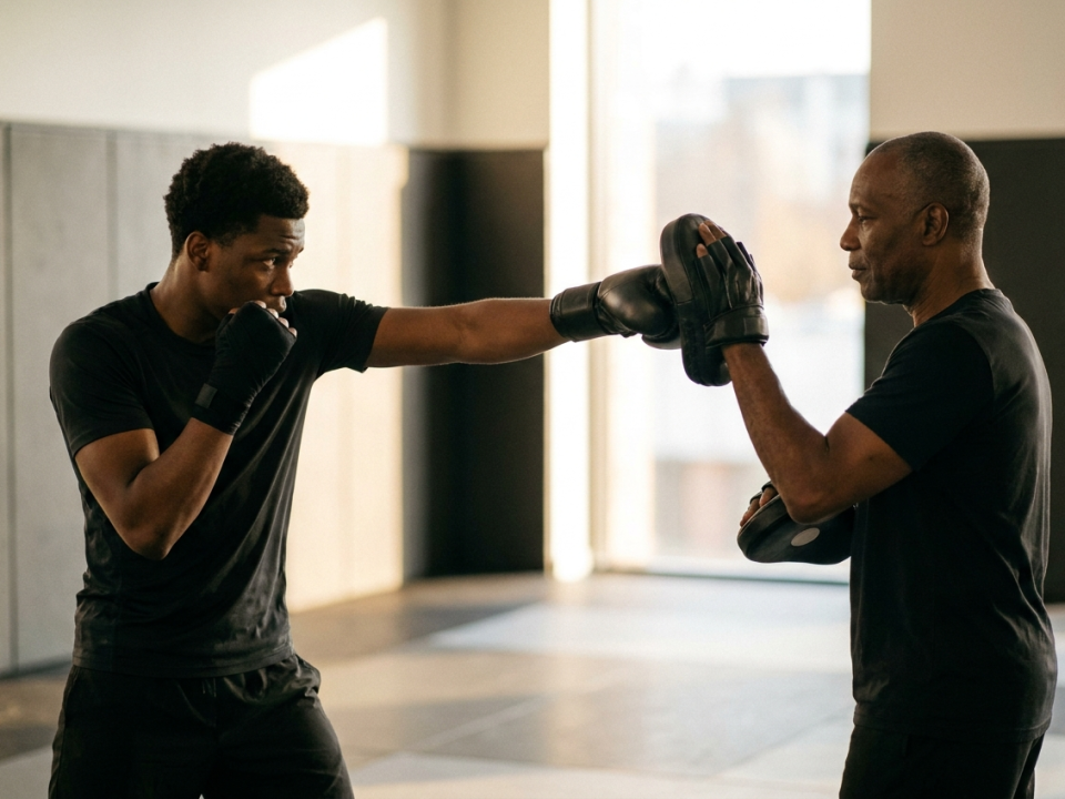 Boxer throwing a controlled punch into focus mitts