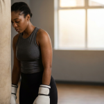 Boxer resting against the bag, regaining calm