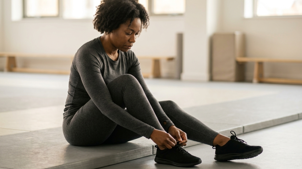 Athlete lacing trainers at the edge of the mat