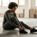 Athlete lacing trainers at the edge of the mat
