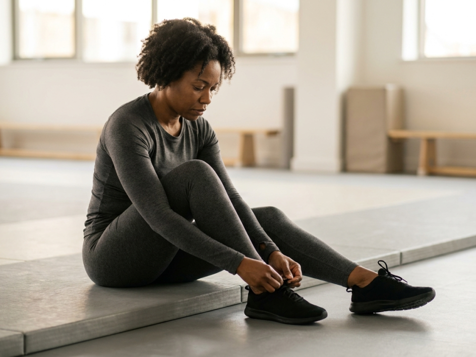 Athlete lacing trainers at the edge of the mat