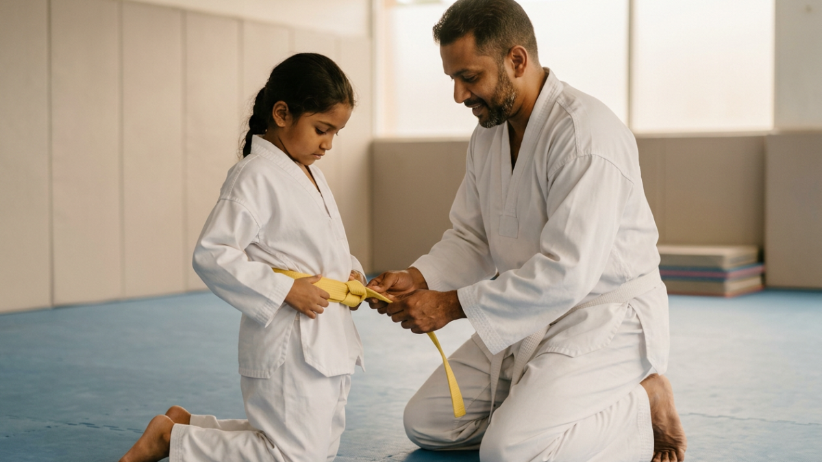 Father adjusting his daughters taekwondo belt