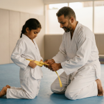 Father adjusting his daughters taekwondo belt