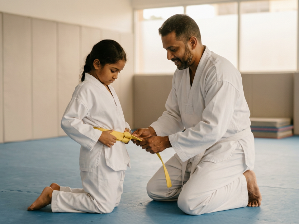 Father adjusting his daughters taekwondo belt