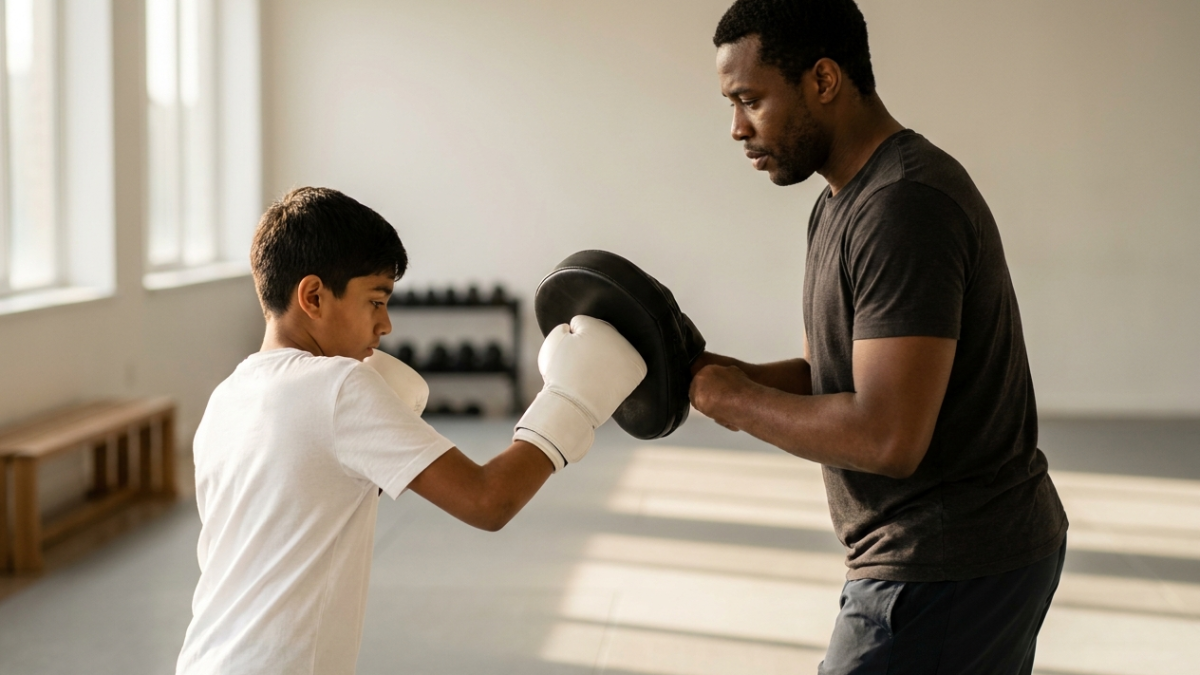 Coach holding a focus mitt for a concentrating teen