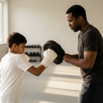 Coach holding a focus mitt for a concentrating teen