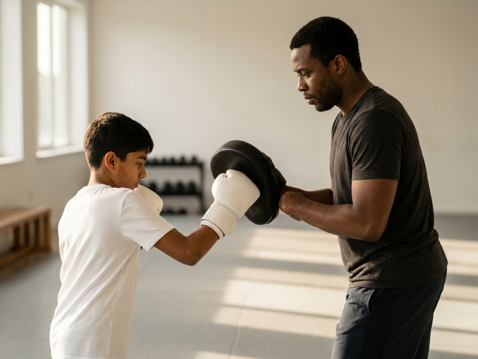 Coach holding a focus mitt for a concentrating teen