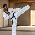 Taekwondo athlete executing a roundhouse kick