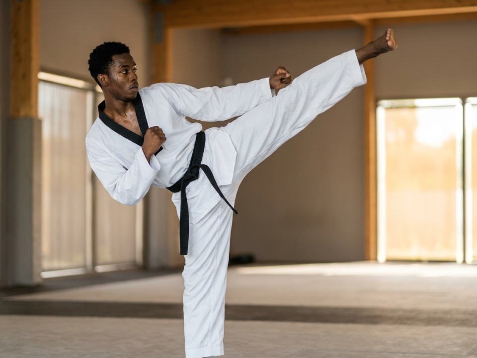 Taekwondo athlete executing a roundhouse kick
