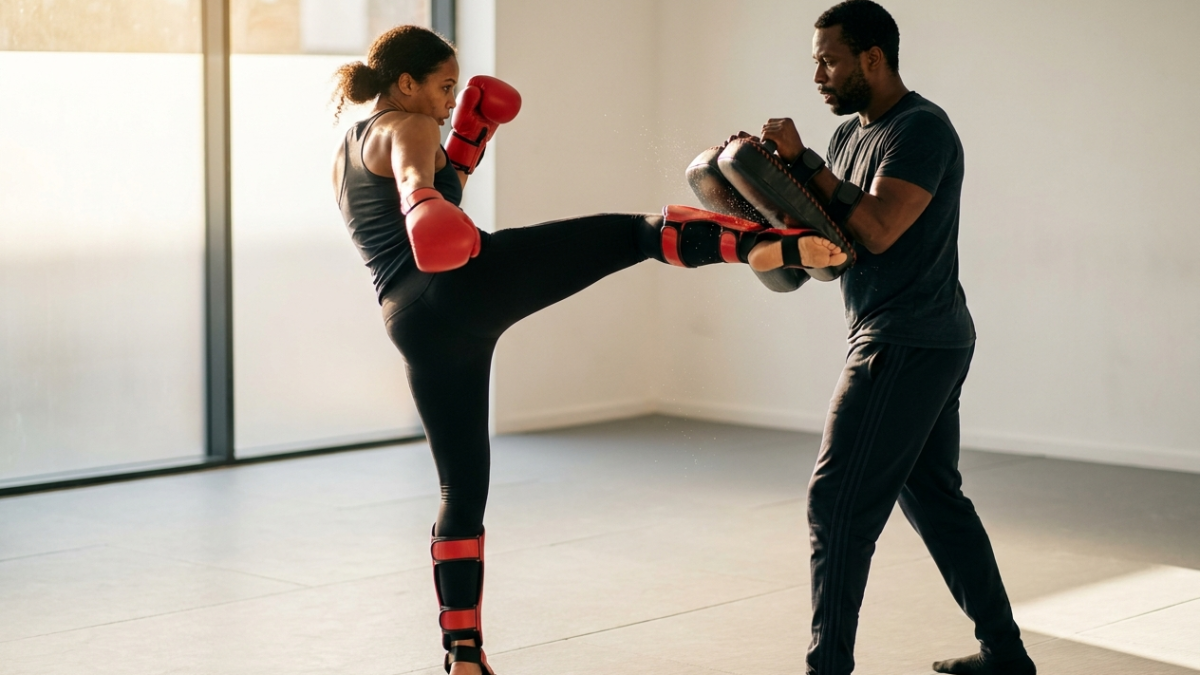 Kickboxer driving a roundhouse kick into a pad