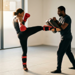 Kickboxer driving a roundhouse kick into a pad