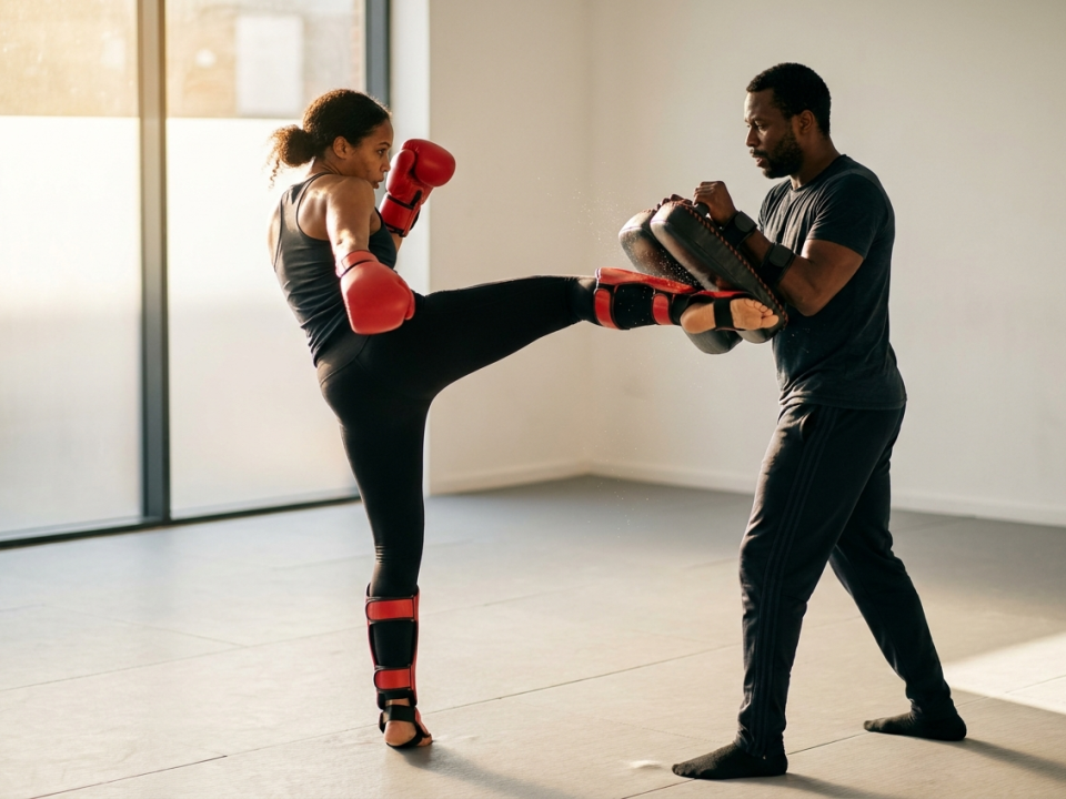 Kickboxer driving a roundhouse kick into a pad