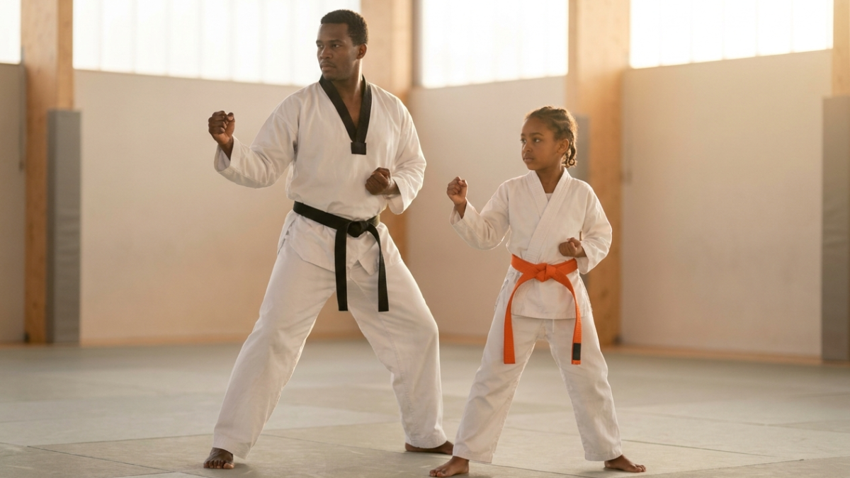 Instructor and child mirroring a taekwondo stance