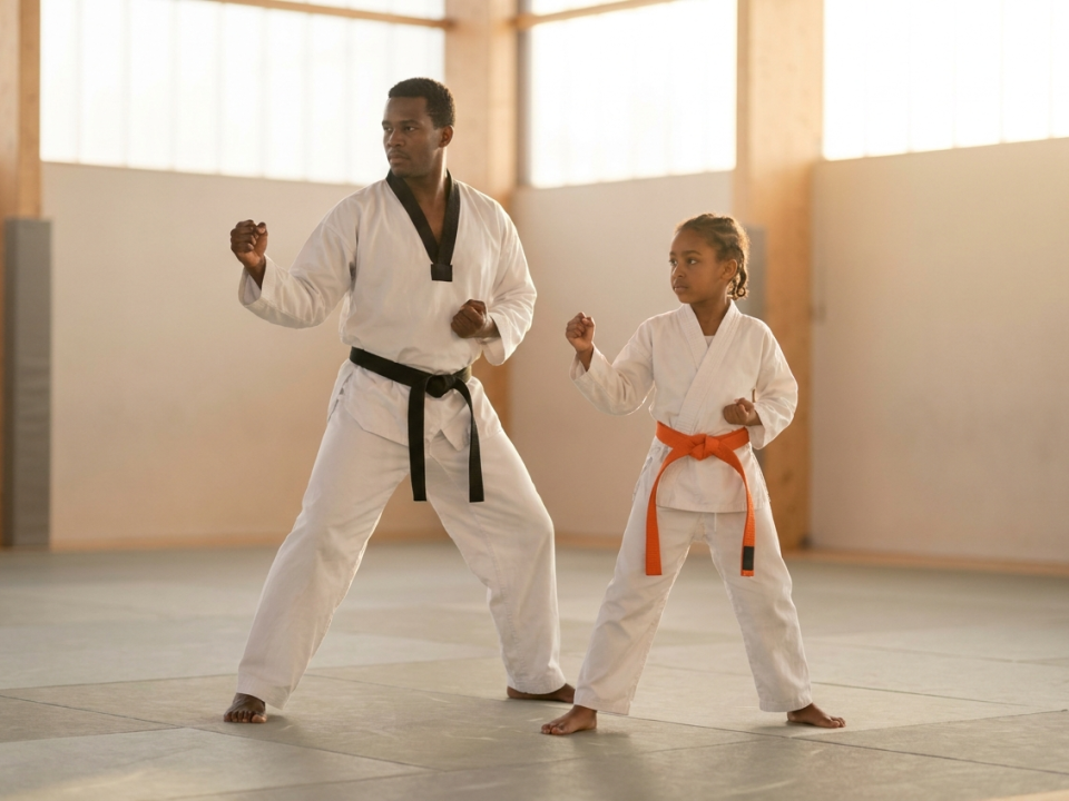 Instructor and child mirroring a taekwondo stance