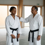 Coach steadying a taekwondo student between rounds