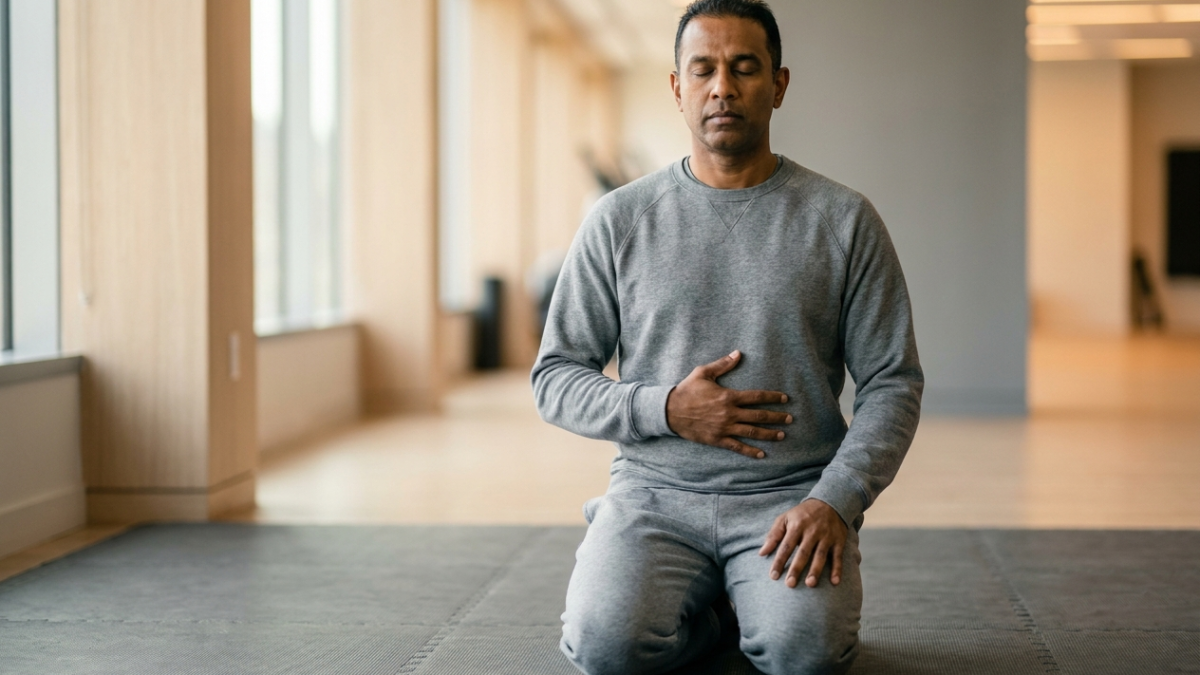 Athlete kneeling in controlled breathing practice
