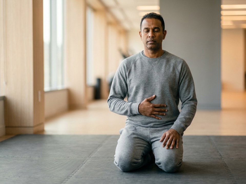 Athlete kneeling in controlled breathing practice