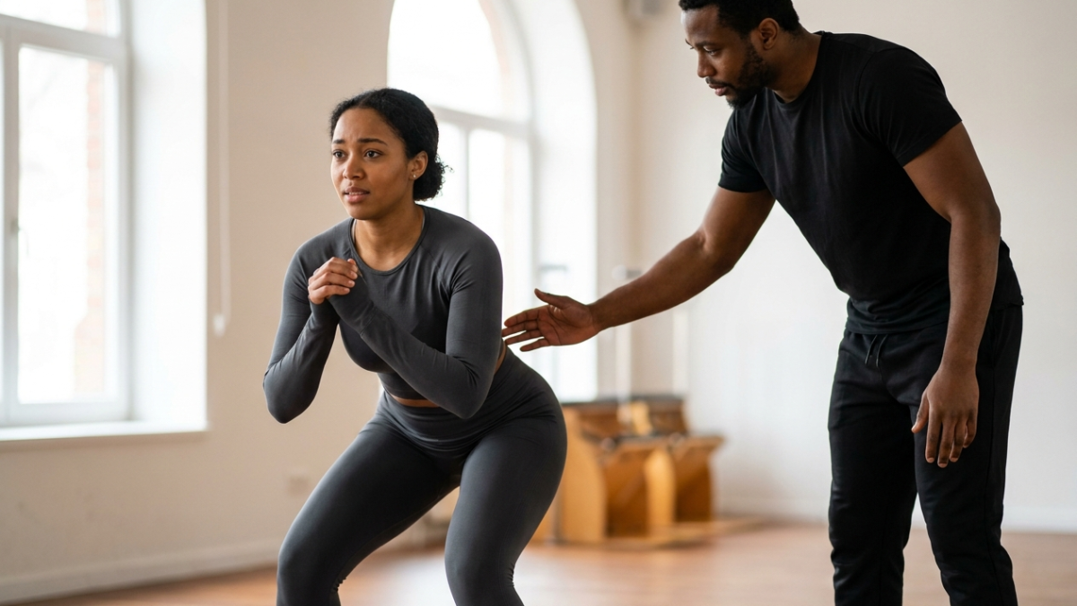 Coach guiding a beginner through a squat