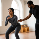 Coach guiding a beginner through a squat
