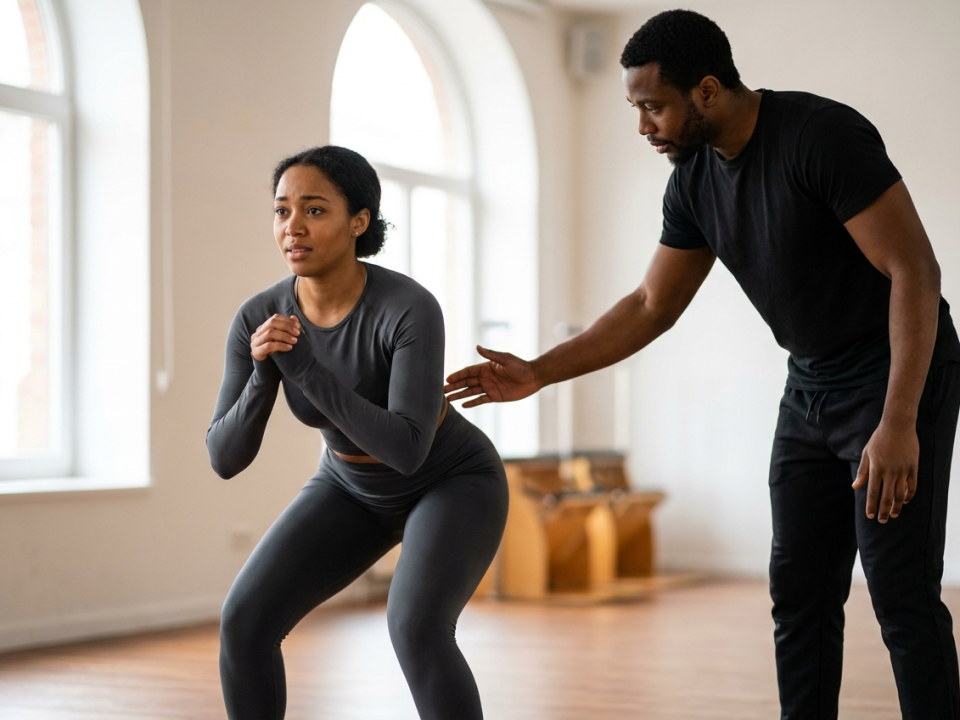 Coach guiding a beginner through a squat