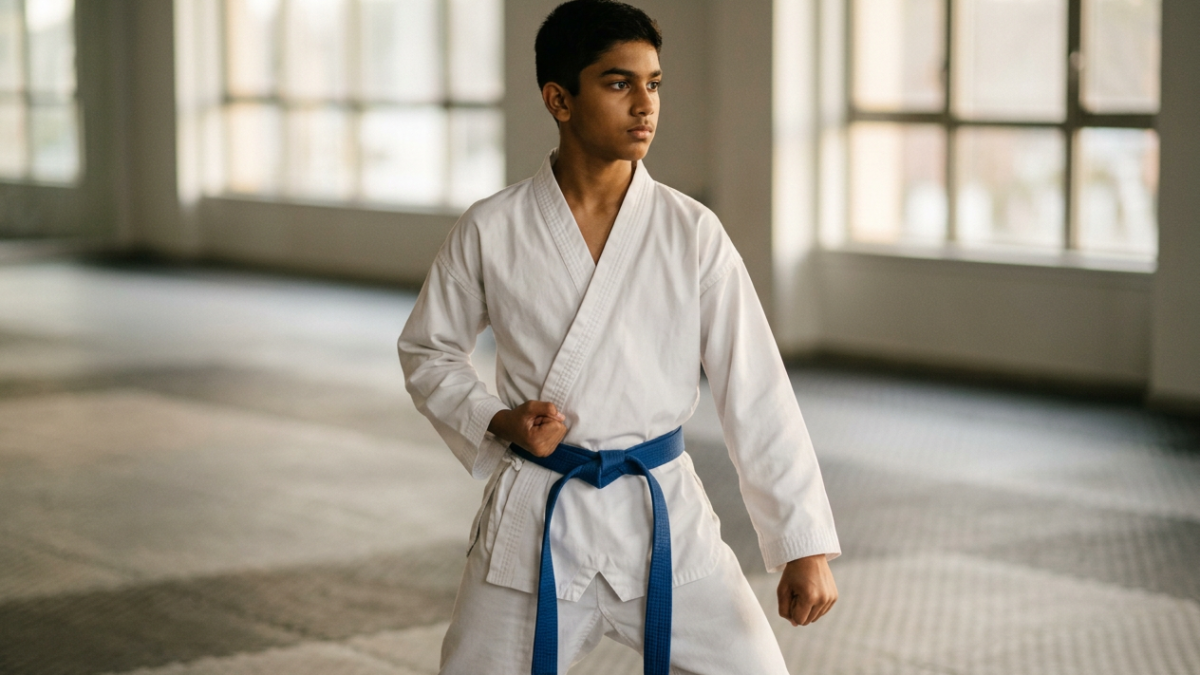 Teenage student holding a disciplined ready stance