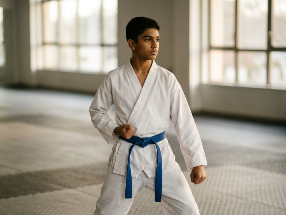 Teenage student holding a disciplined ready stance