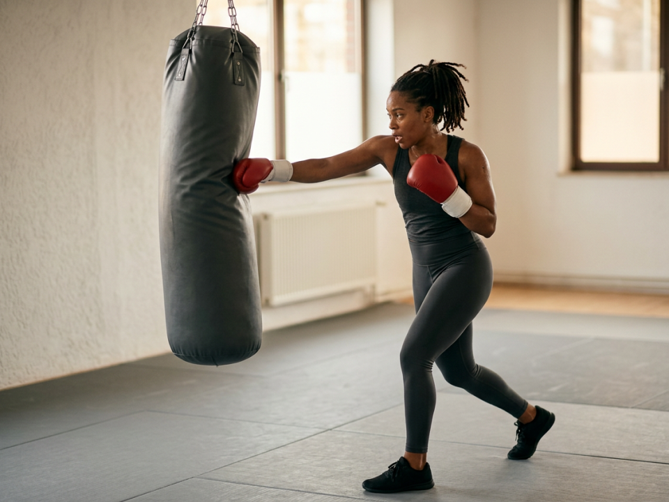 Boxer driving a hook into a heavy bag